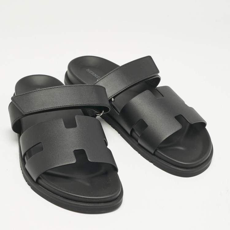 Pre Owned Hermes Black Leather Chypre Sandals Size 45.5