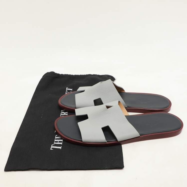 Pre Owned Hermes Grey/Navy Blue Leather Izmir Slip On Sandals Size 44