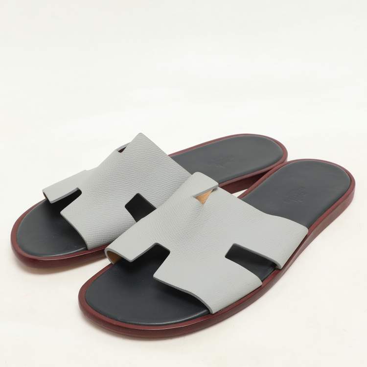 Pre Owned Hermes Grey/Navy Blue Leather Izmir Slip On Sandals Size 44