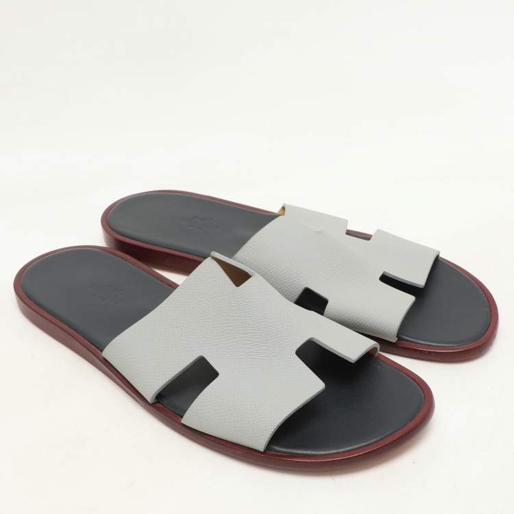 Pre Owned Hermes Grey/Navy Blue Leather Izmir Slip On Sandals Size 44