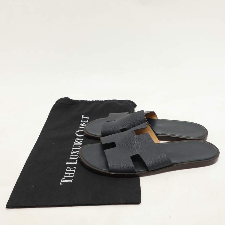 Pre Owned Hermes Navy Blue Leather Izmir Slides Size 44
