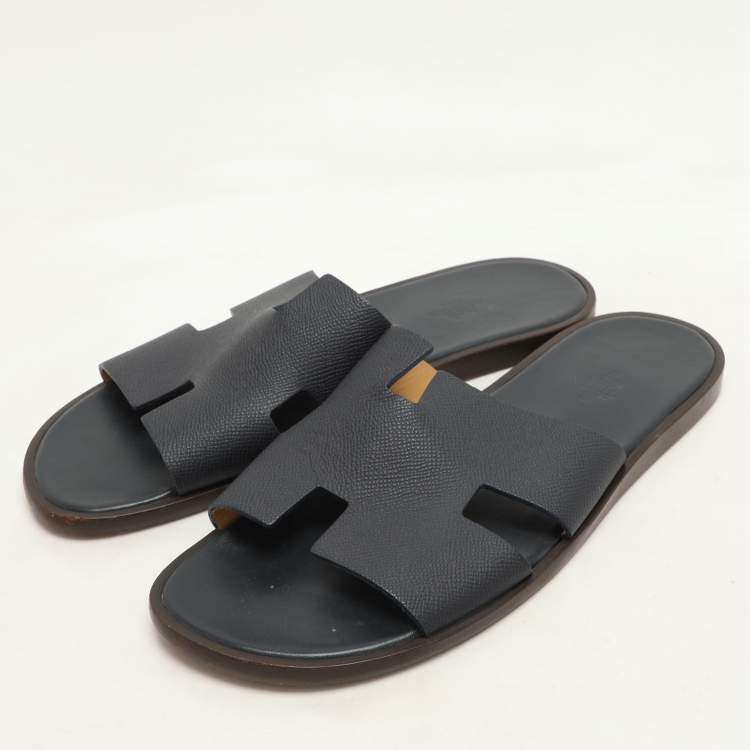 Pre Owned Hermes Navy Blue Leather Izmir Slides Size 44