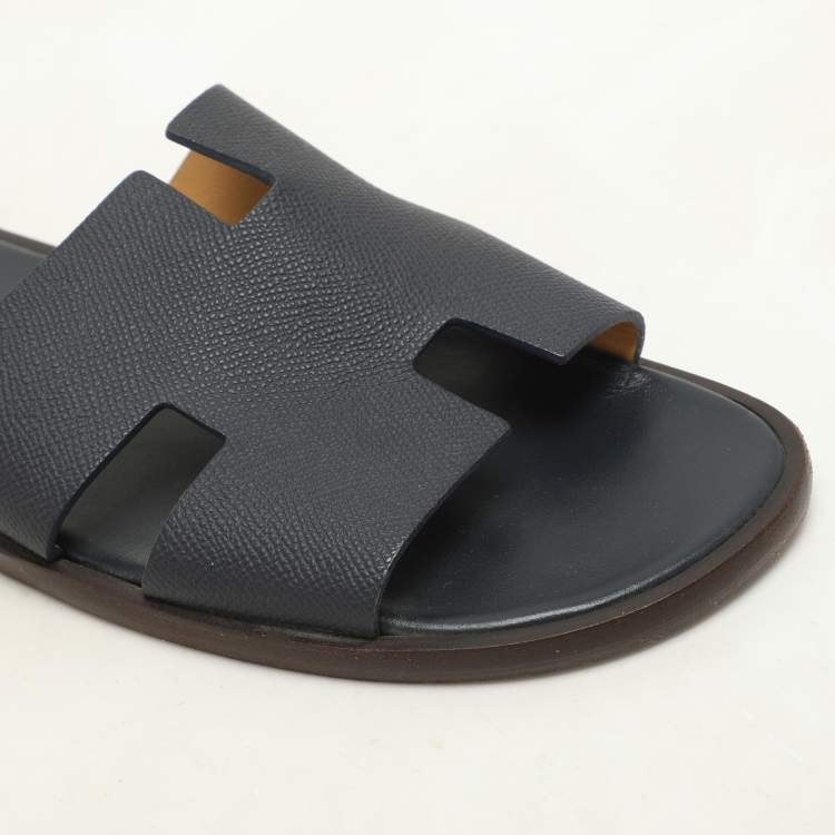 Pre Owned Hermes Navy Blue Leather Izmir Slides Size 44