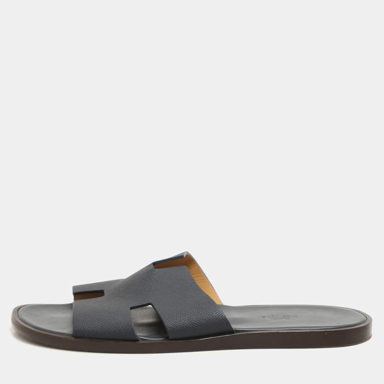 Pre Owned Hermes Navy Blue Leather Izmir Slides Size 44