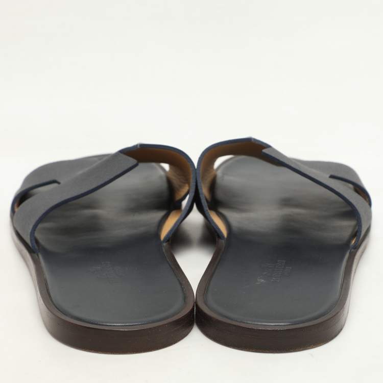 Pre Owned Hermes Navy Blue Leather Izmir Slides Size 44