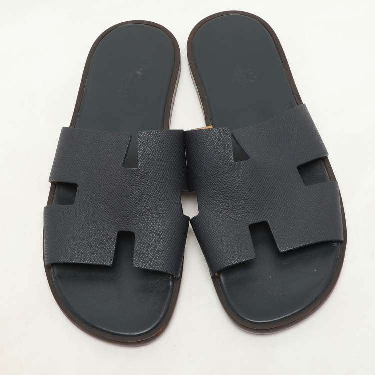 Pre Owned Hermes Navy Blue Leather Izmir Slides Size 44