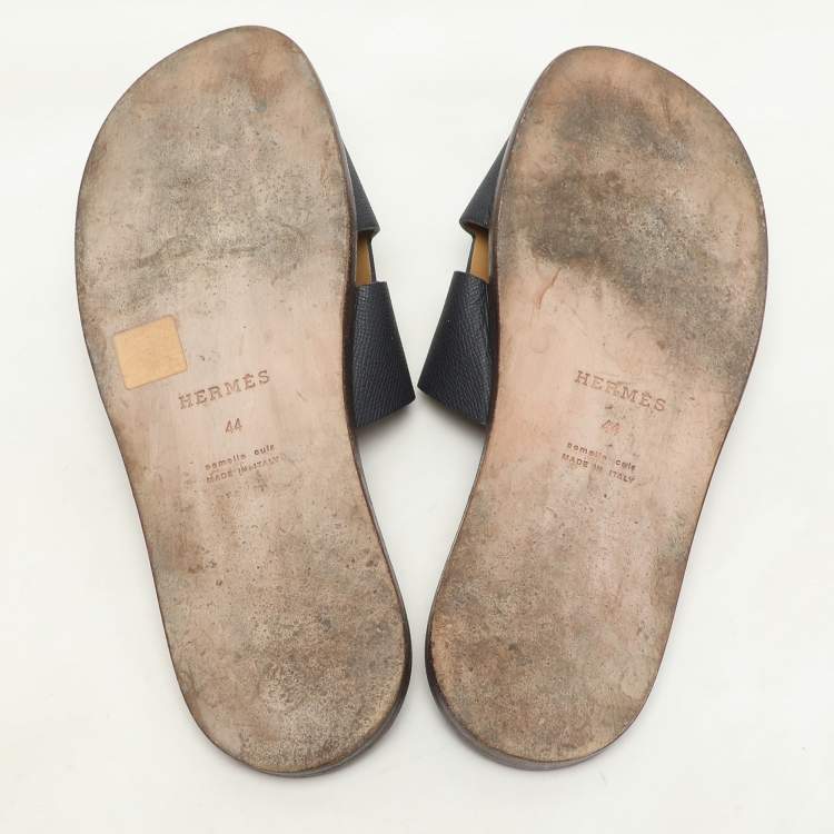Pre Owned Hermes Navy Blue Leather Izmir Slides Size 44