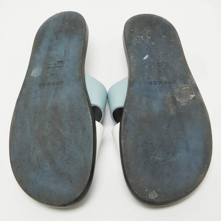 Pre Owned Hermes Blue/White Leather Izmir Sandals Size 43