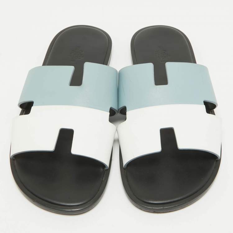 Pre Owned Hermes Blue/White Leather Izmir Sandals Size 43