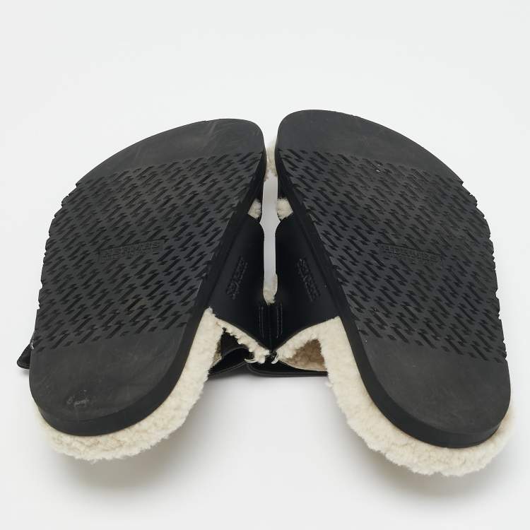 Pre Owned Hermes Black Leather Chypre Sandals Size 40.5
