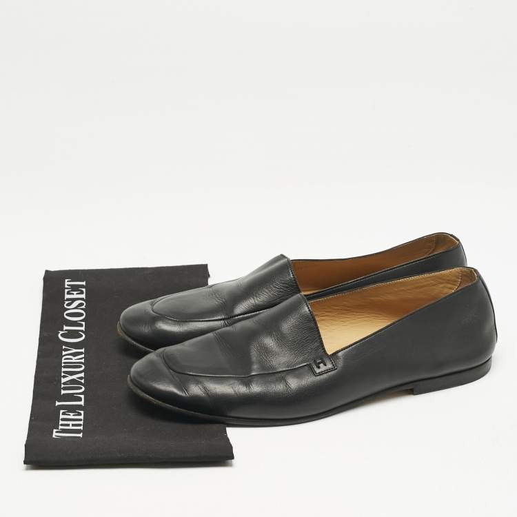 Pre Owned Hermes Black Leather Slip On Loafers Size 43