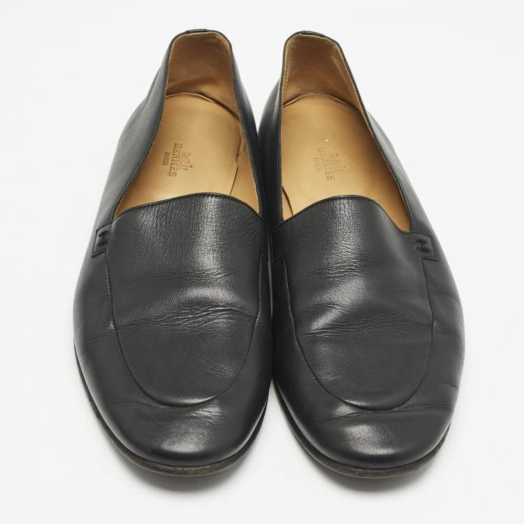 Pre Owned Hermes Black Leather Slip On Loafers Size 43