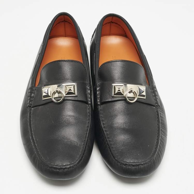 Pre Owned Hermes Black Leather Irving Loafers Size 42.5