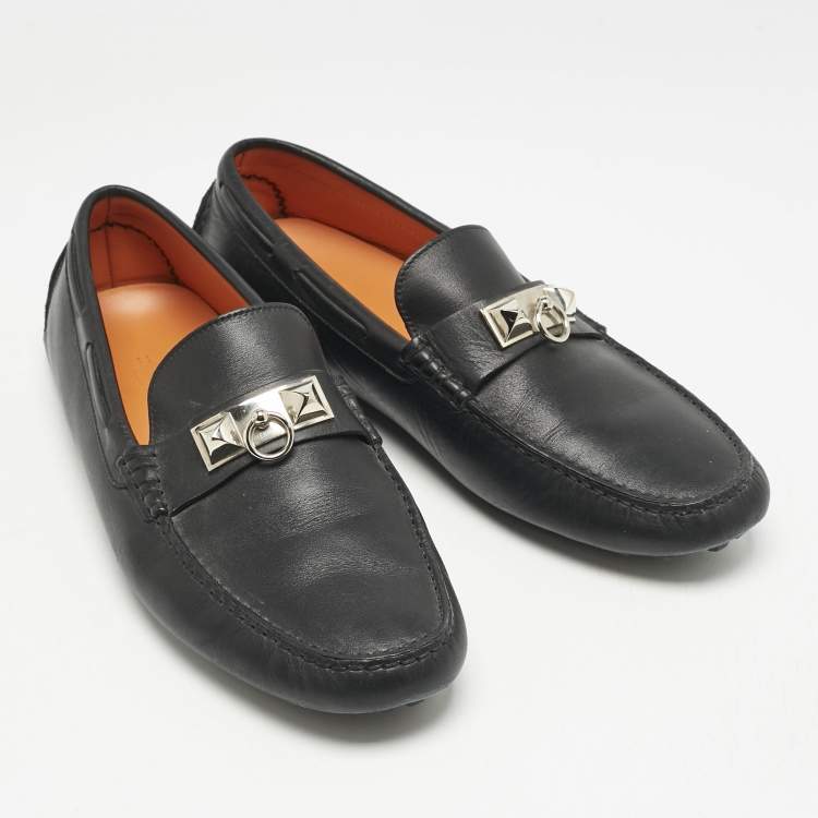Pre Owned Hermes Black Leather Irving Loafers Size 42.5