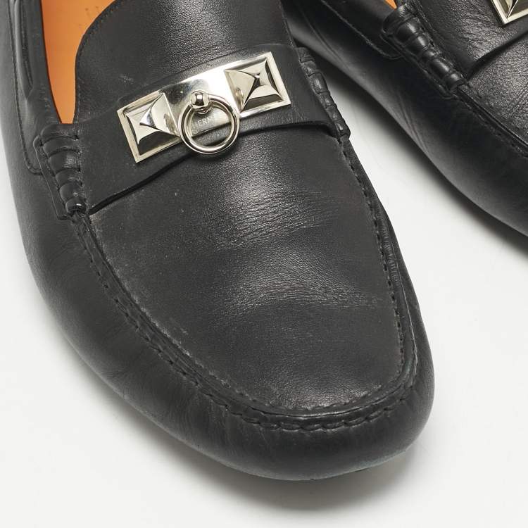 Pre Owned Hermes Black Leather Irving Loafers Size 42.5