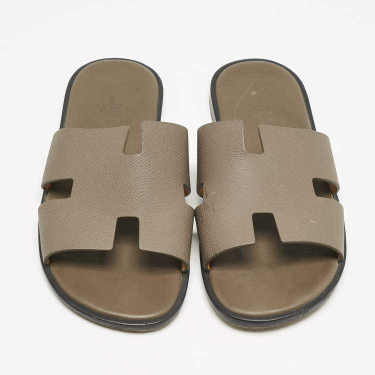 Pre Owned Hermes Brown Leather Izmir Flat Slides Size 40