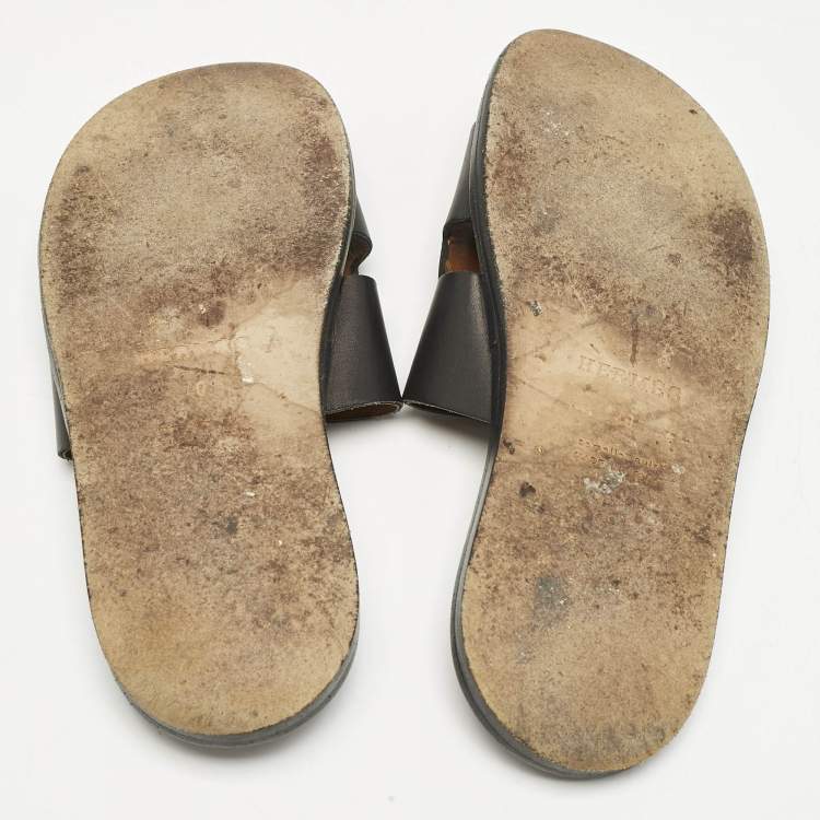 Pre Owned Hermes Black Leather Izmir Slide Sandals Size 40