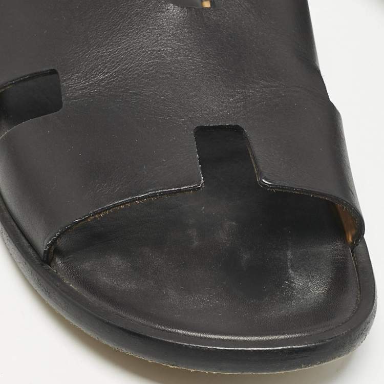 Pre Owned Hermes Black Leather Izmir Slide Sandals Size 40