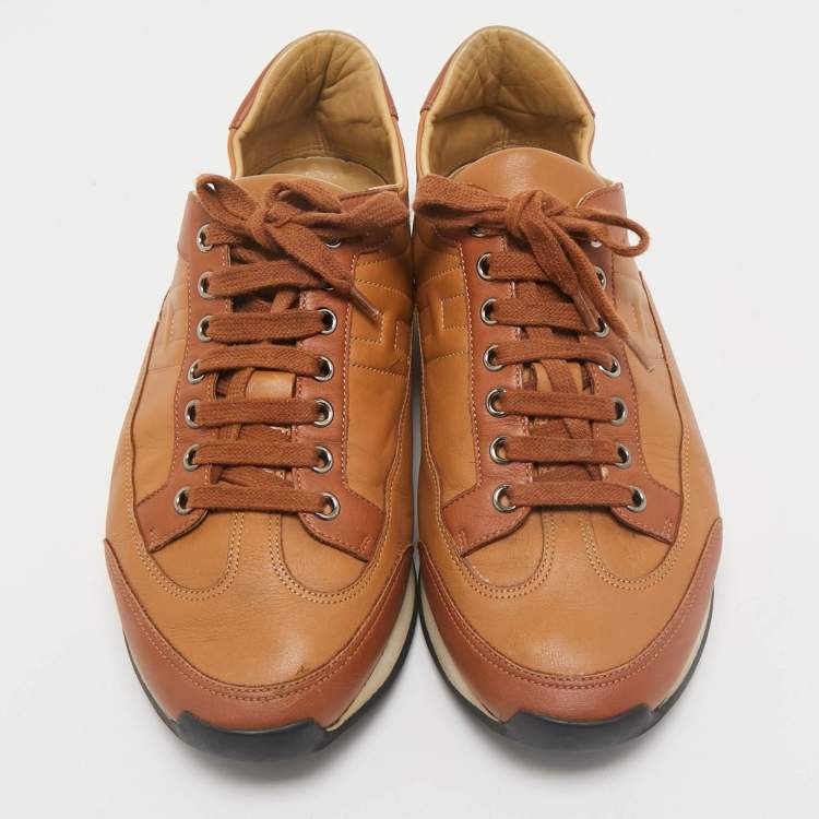 Pre Owned Hermes Brown Leather Trail Lace Up Sneakers Size 41.5