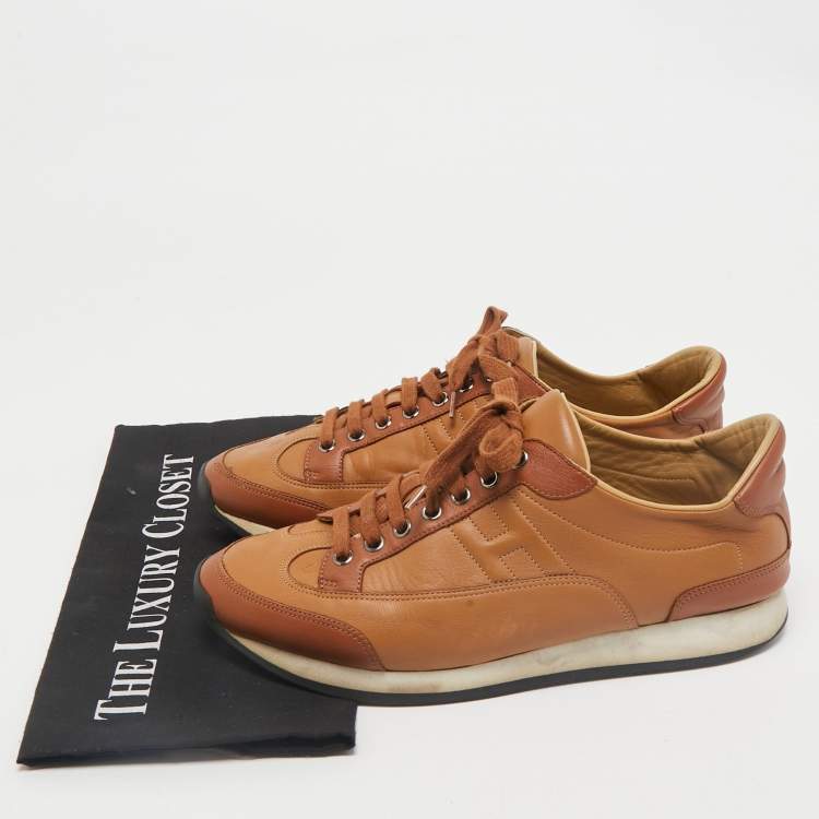 Pre Owned Hermes Brown Leather Trail Lace Up Sneakers Size 41.5