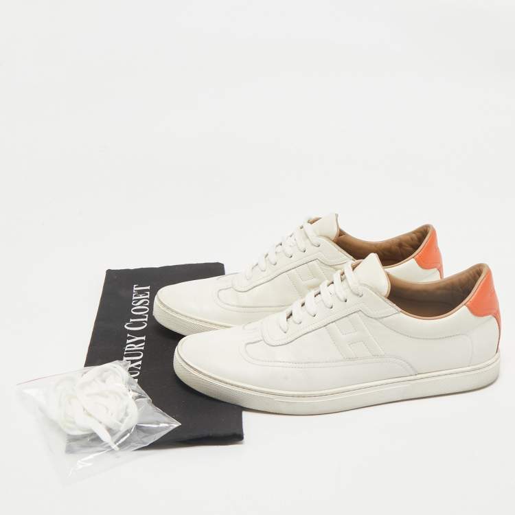 مملوكة مسبقًا Hermes White/Orange Leather Quicker Low-Top Sneakers Size 41.5