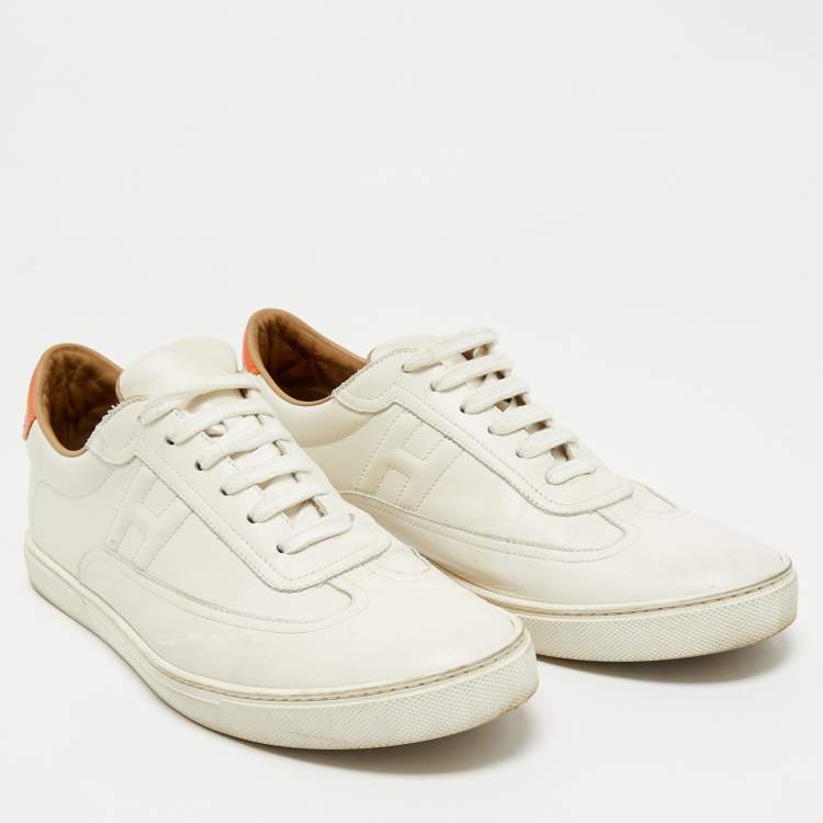 مملوكة مسبقًا Hermes White/Orange Leather Quicker Low-Top Sneakers Size 41.5
