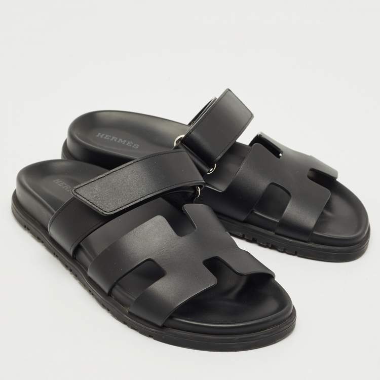 Pre Owned Hermes Black Leather Chypre Sandals Size 37