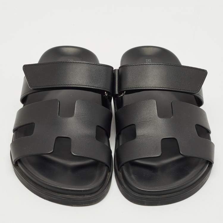 Pre Owned Hermes Black Leather Chypre Sandals Size 37