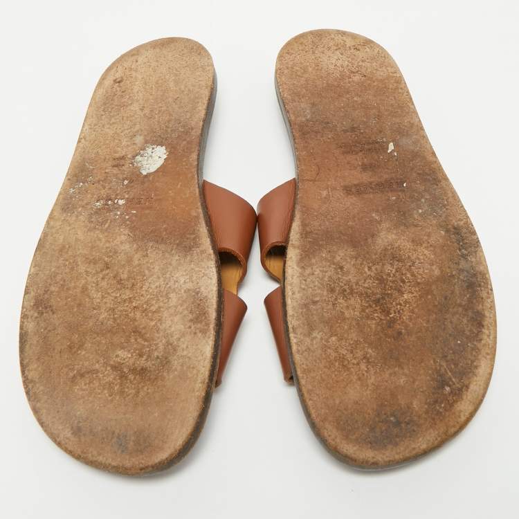 Pre Owned Hermes Brown Leather Izmir Flat Slides Size 44