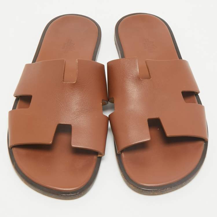 Pre Owned Hermes Brown Leather Izmir Flat Slides Size 44