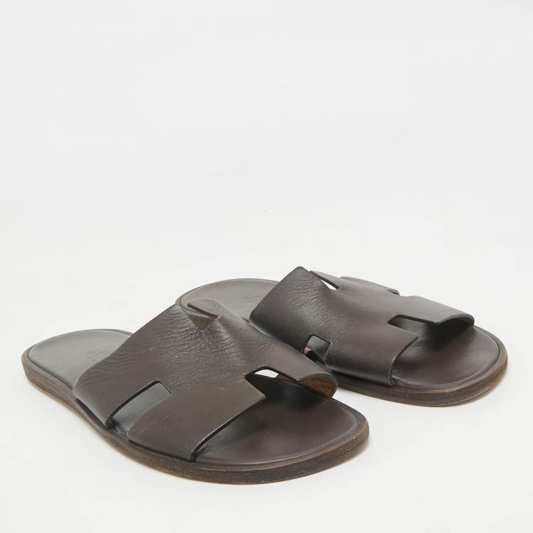 Pre Owned Hermes Dark Brown Leather Izmir Flat Slides Size 44