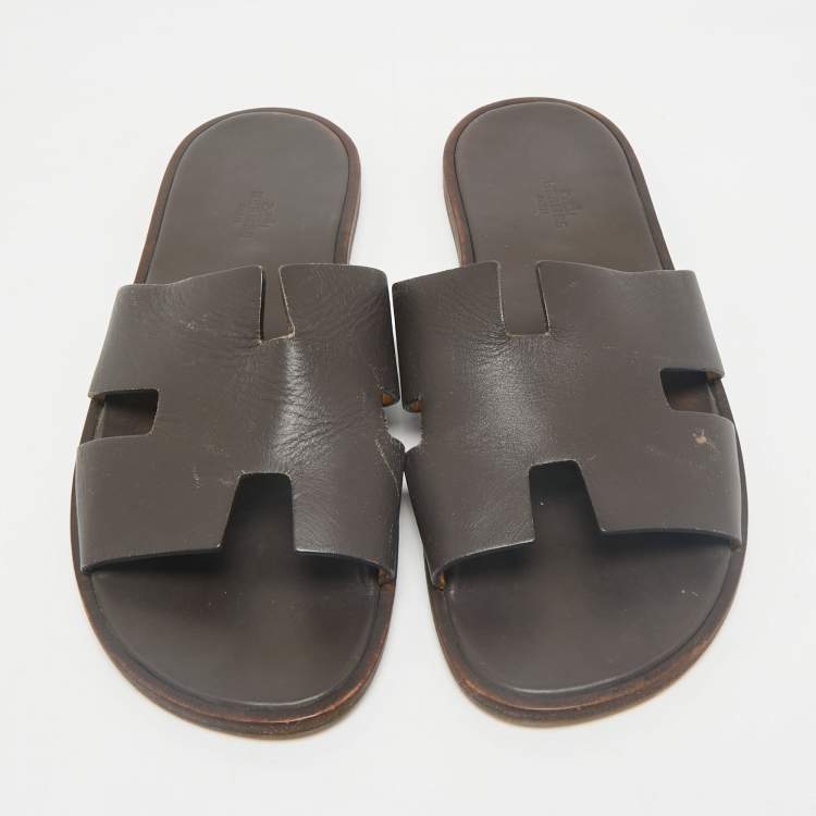 Pre Owned Hermes Dark Brown Leather Izmir Flat Slides Size 44