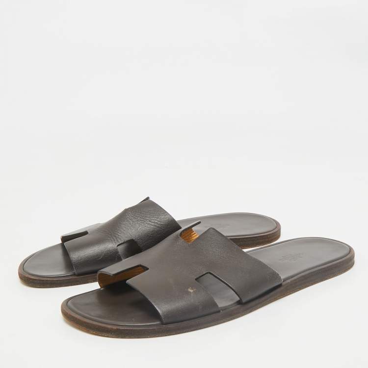 Pre Owned Hermes Dark Brown Leather Izmir Flat Slides Size 44