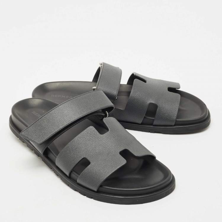 Pre Owned Hermes Grey Leather Chypre Flat Sandals Size 43.5