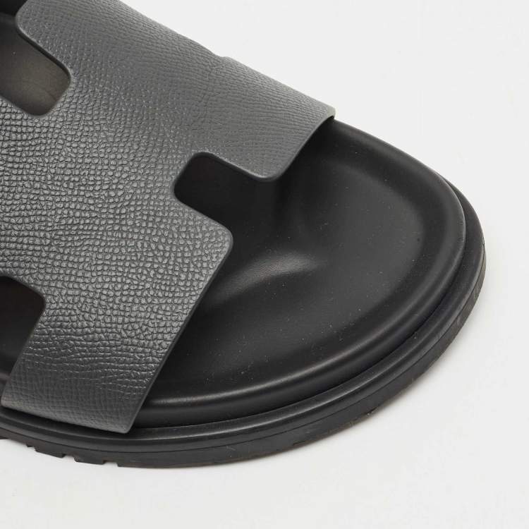 Pre Owned Hermes Grey Leather Chypre Flat Sandals Size 43.5