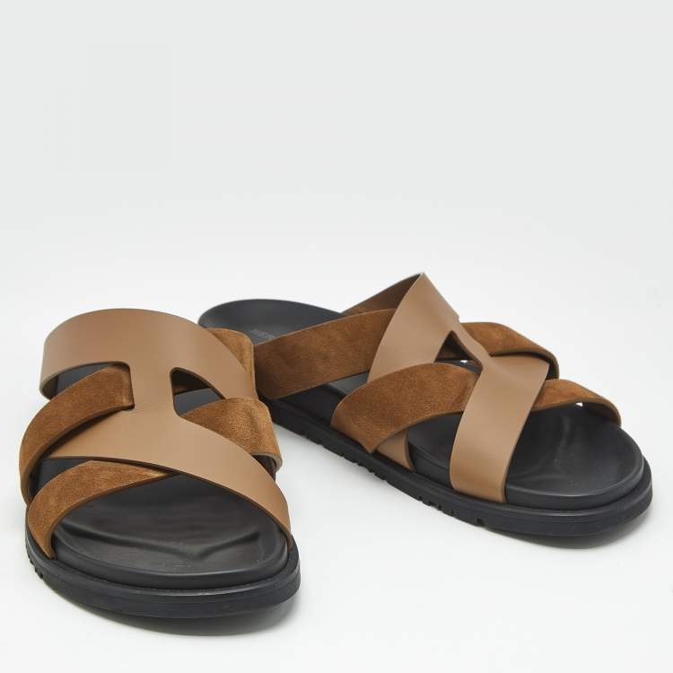 Pre Owned Hermes Brown Leather and Suede Kazimir Sandals Size 46