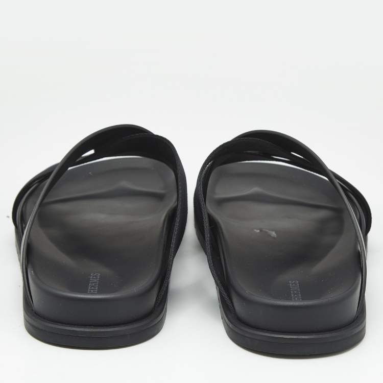 Pre Owned Hermes Black Leather and Fabric Kazimir Sandals Size 45.5