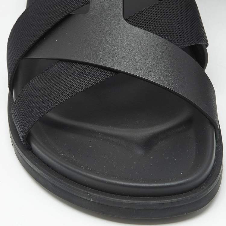 Pre Owned Hermes Black Leather and Fabric Kazimir Sandals Size 45.5