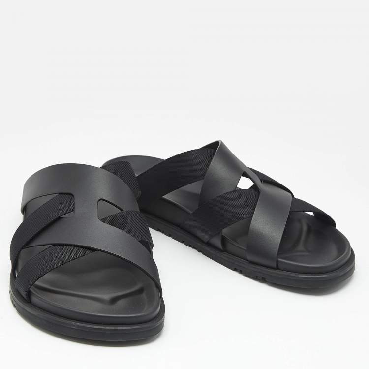 Pre Owned Hermes Black Leather and Fabric Kazimir Sandals Size 45.5
