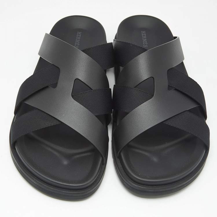 Pre Owned Hermes Black Leather and Fabric Kazimir Sandals Size 45.5