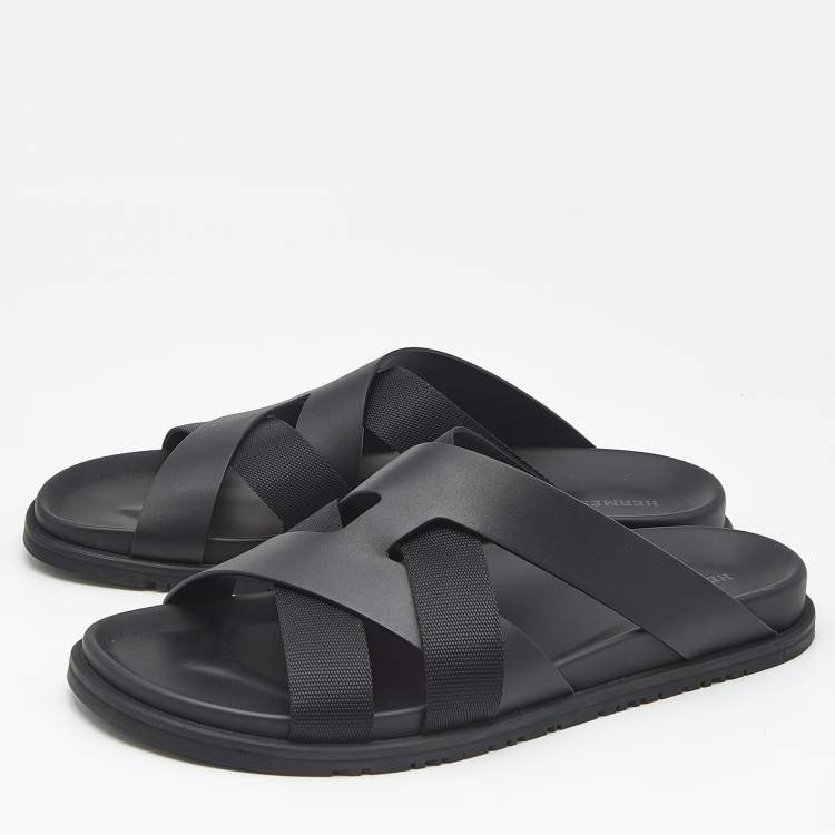 Pre Owned Hermes Black Leather and Fabric Kazimir Sandals Size 45.5