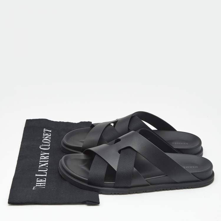 Pre Owned Hermes Black Leather and Fabric Kazimir Sandals Size 45.5