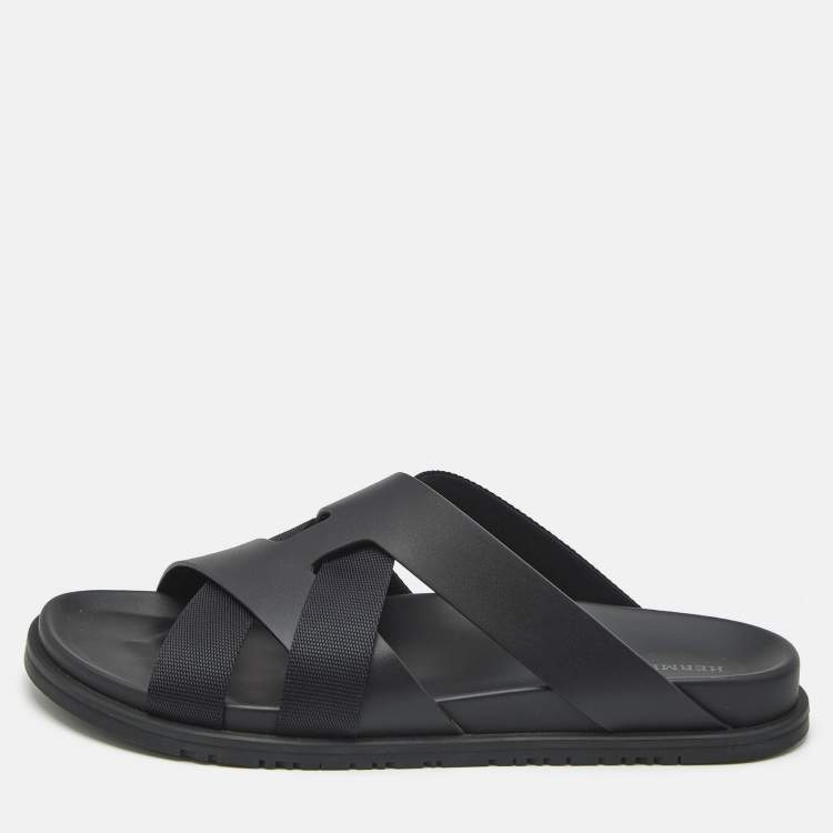 Pre Owned Hermes Black Leather and Fabric Kazimir Sandals Size 45.5