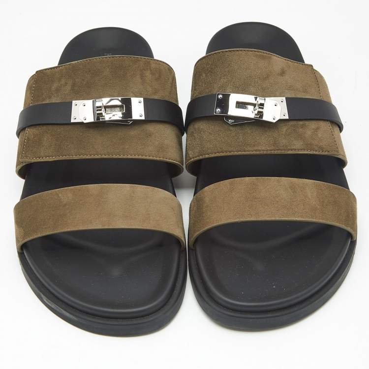 Pre Owned Hermes Dark Green/Black Suede and Leather Jackson Sandals Size 46