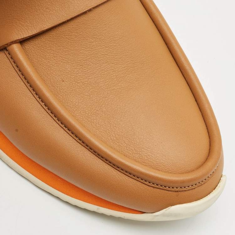 Pre Owned Hermes Brown Leather Slip On Loafers Size 41.5