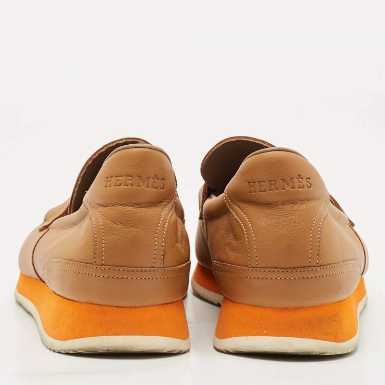 Pre Owned Hermes Brown Leather Slip On Loafers Size 41.5