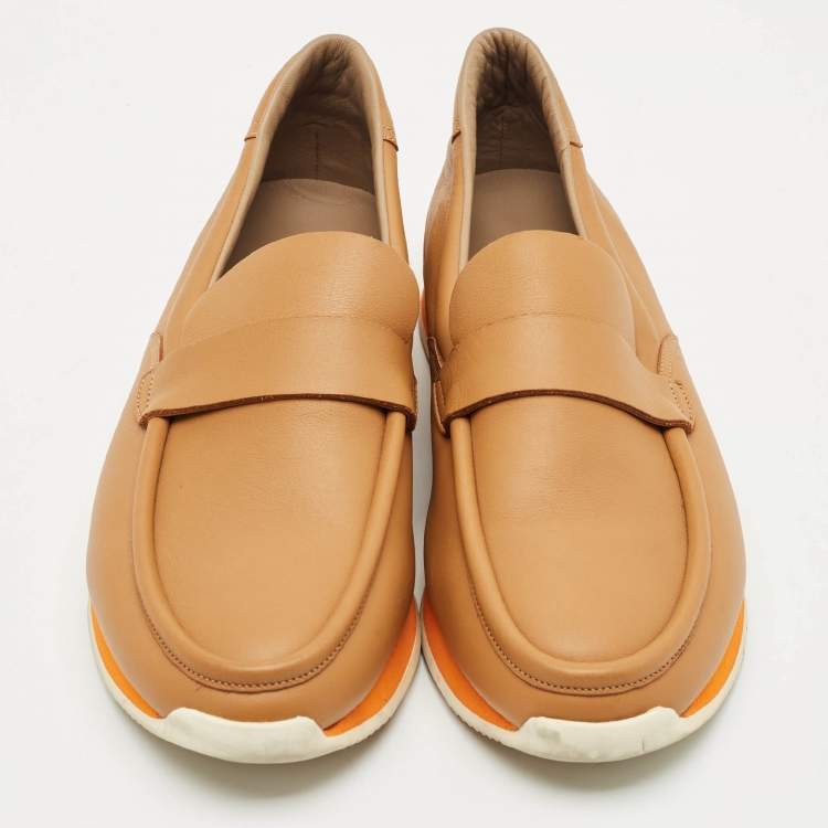 Pre Owned Hermes Brown Leather Slip On Loafers Size 41.5