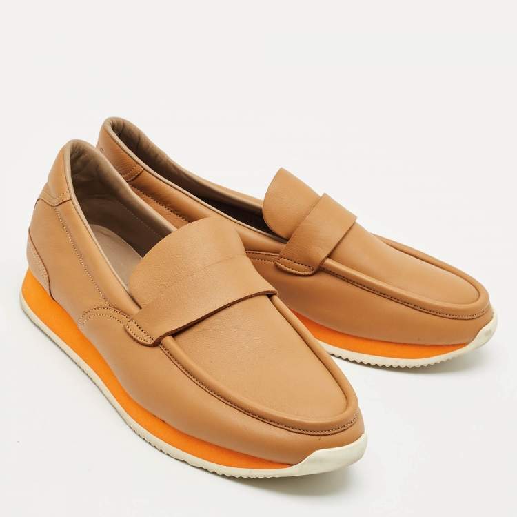 Pre Owned Hermes Brown Leather Slip On Loafers Size 41.5