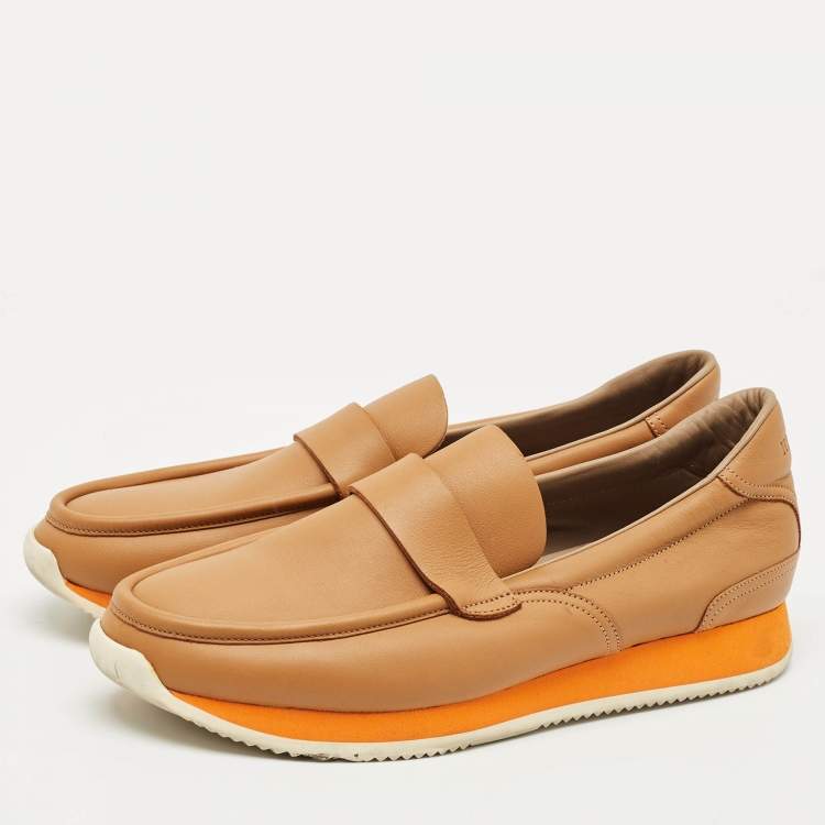 Pre Owned Hermes Brown Leather Slip On Loafers Size 41.5