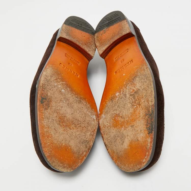 Pre Owned Hermes Chocolate Brown Suede Lucky Moccasins Size 42